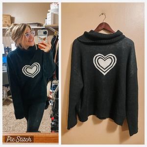 Cozy Neutral Black & White Heart Oversized Cowl Neck Knit Sweater